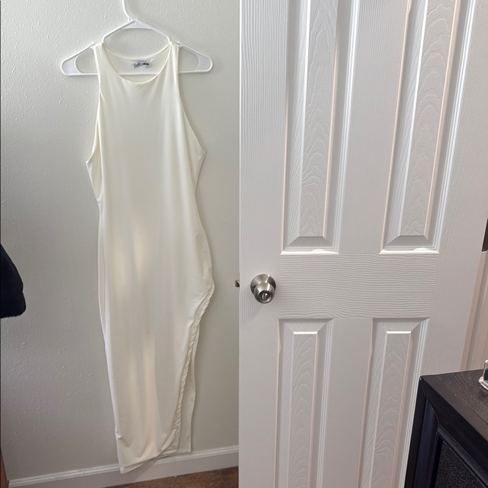 Fashion Nova Cream Ribbed Asymmetrical Bodycon Dress